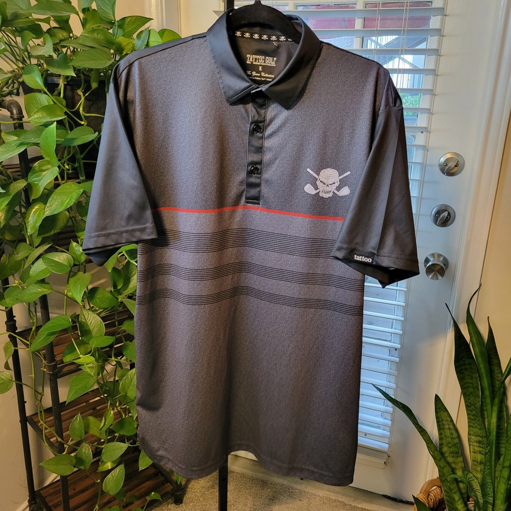 Tattoo Golf Mens ProCool Performance Polo Shirt Skull Logo Charcoal Gray L